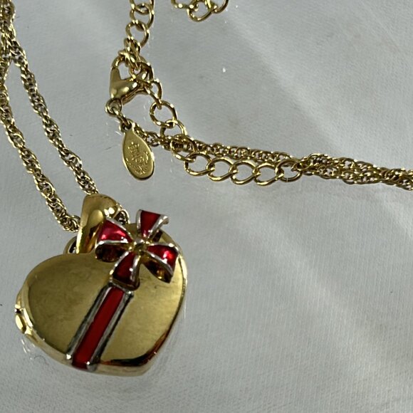 Premier Designs Gold Tone Wrapped Heart Locket Necklace Red Bow 21" Long - Picture 6 of 9